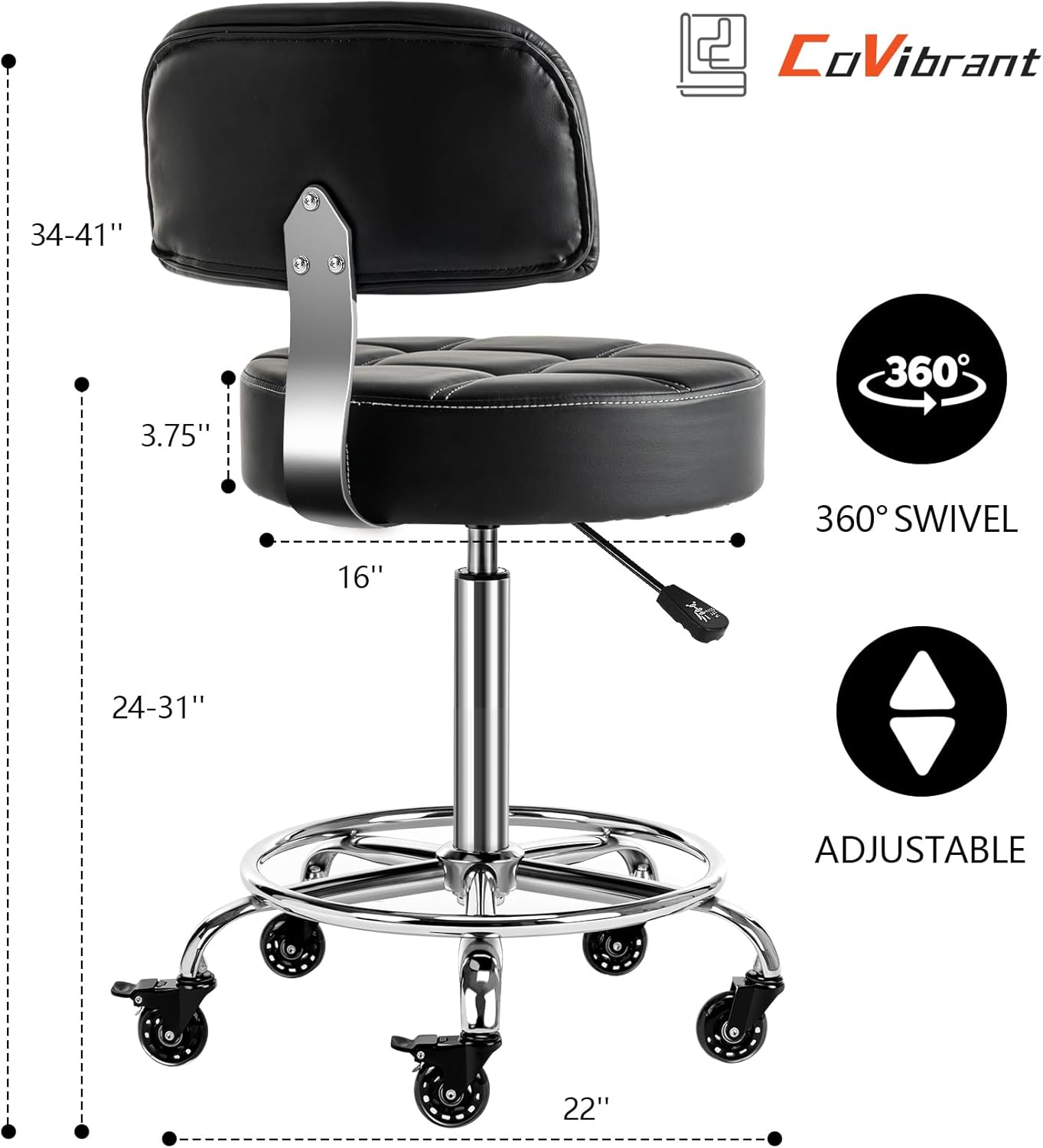 Lockable Stool with Back and Foot Rest Ergonomic Rolling Hydraulic Adjustable Stool for Doctor Esthetician Artist Home Small Office Desk (Black, 24''-31'')